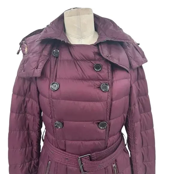 Burberry Brit Belted Down Coat Burgundy Purple Maroon Size Small